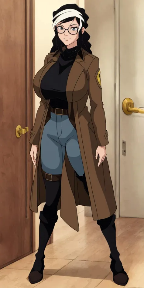 masterpiece, high quality, best quality, 1girl, (muscular female:1.0), (super gigantic breasts:1.0), (closed mouth, half smile), tilda, black hair, long hair, white hair, multicolored hair, blue eyes, glasses, (black compression shirt:1.5), blue pants, black thigh-high boots, (brown overcoat:1.5), black belt with gold buckle, anime screencap, anime key visual, (fully clothed:1.0), full body <lora:Tilda:1>