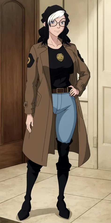 masterpiece, high quality, best quality, 1girl, (muscular female:1.0), (super gigantic breasts:1.0), (closed mouth, half smile), tilda, black hair, long hair, white hair, multicolored hair, blue eyes, glasses, (black compression shirt:1.5), blue pants, black thigh-high boots, (brown overcoat:1.5), black belt with gold buckle, anime screencap, anime key visual, (fully clothed:1.0), full body <lora:Tilda:1>
