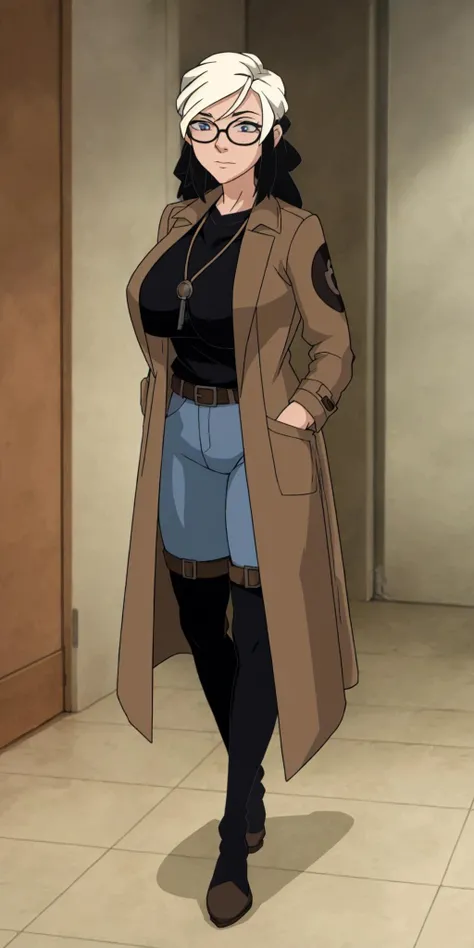 masterpiece, high quality, best quality, 1girl, (muscular female:1.0), (super gigantic breasts:1.0), (closed mouth, half smile), tilda, black hair, long hair, white hair, multicolored hair, blue eyes, glasses, (black compression shirt:1.5), blue pants, black thigh-high boots, (brown overcoat:1.5), black belt with gold buckle, anime screencap, anime key visual, (fully clothed:1.0), full body <lora:Tilda:1>