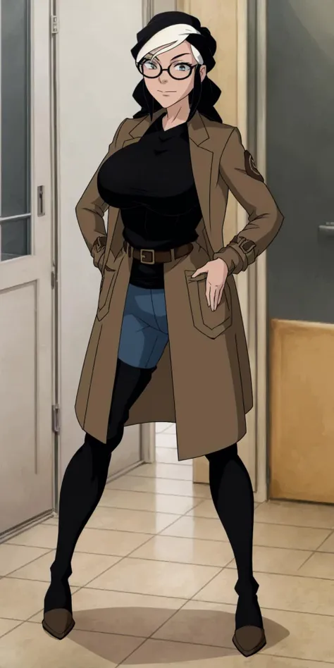 masterpiece, high quality, best quality, 1girl, (muscular female:1.0), (super gigantic breasts:1.0), (closed mouth, half smile), tilda, black hair, long hair, white hair, multicolored hair, blue eyes, glasses, (black compression shirt:1.5), blue pants, black thigh-high boots, (brown overcoat:1.5), black belt with gold buckle, anime screencap, anime key visual, (fully clothed:1.0), full body <lora:Tilda:1>