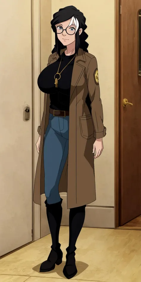 masterpiece, high quality, best quality, 1girl, (muscular female:1.0), (super gigantic breasts:1.0), (closed mouth, half smile), tilda, black hair, long hair, white hair, multicolored hair, blue eyes, glasses, (black compression shirt:1.5), blue pants, black thigh-high boots, (brown overcoat:1.5), black belt with gold buckle, anime screencap, anime key visual, (fully clothed:1.0), full body <lora:Tilda:1>
