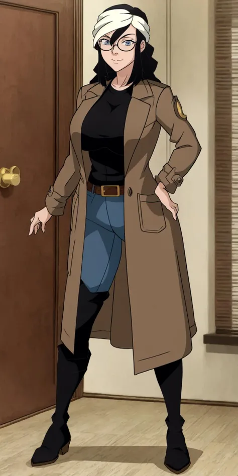 masterpiece, high quality, best quality, 1girl, (muscular female:1.0), (super gigantic breasts:1.0), (closed mouth, half smile), tilda, black hair, long hair, white hair, multicolored hair, blue eyes, glasses, (black compression shirt:1.5), blue pants, black thigh-high boots, (brown overcoat:1.5), black belt with gold buckle, anime screencap, anime key visual, (fully clothed:1.0), full body <lora:Tilda:1>
