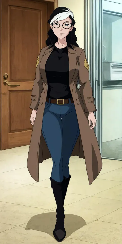 masterpiece, high quality, best quality, 1girl, (muscular female:1.0), (super gigantic breasts:1.0), (closed mouth, half smile), tilda, black hair, long hair, white hair, multicolored hair, blue eyes, glasses, (black compression shirt:1.5), blue pants, black thigh-high boots, (brown overcoat:1.5), black belt with gold buckle, anime screencap, anime key visual, (fully clothed:1.0), full body <lora:Tilda:1>