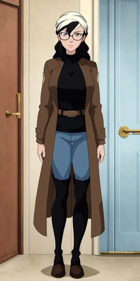masterpiece, high quality, best quality, 1girl, (muscular female:1.0), (super gigantic breasts:1.0), (closed mouth, half smile), tilda, black hair, long hair, white hair, multicolored hair, blue eyes, glasses, (black compression shirt:1.5), blue pants, black thigh-high boots, (brown overcoat:1.5), black belt with gold buckle, anime screencap, anime key visual, (fully clothed:1.0), full body <lora:Tilda:1>