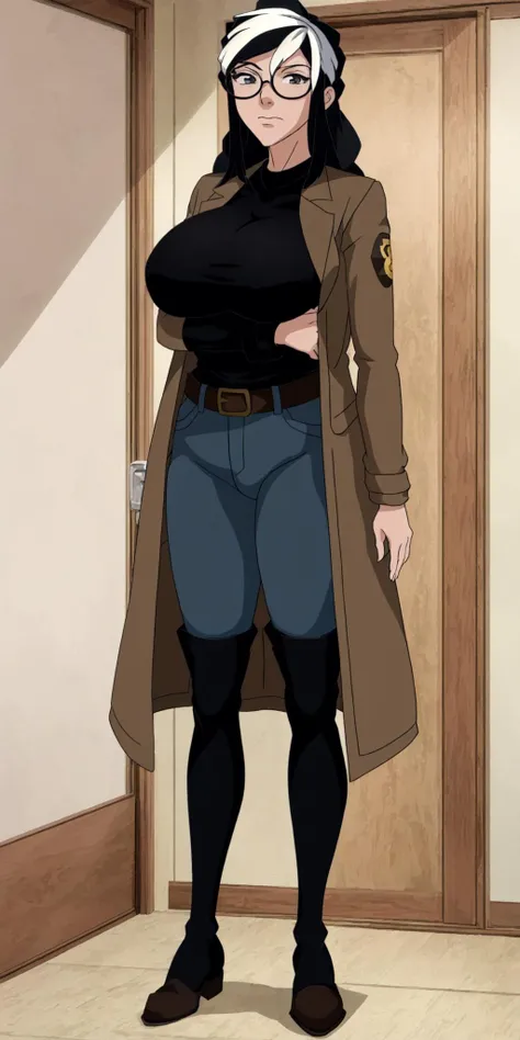masterpiece, high quality, best quality, 1girl, (muscular female:1.0), (super gigantic breasts:1.0), (closed mouth, half smile), tilda, black hair, long hair, white hair, multicolored hair, blue eyes, glasses, (black compression shirt:1.5), blue pants, black thigh-high boots, (brown overcoat:1.5), black belt with gold buckle, anime screencap, anime key visual, (fully clothed:1.0), full body <lora:Tilda:1>
