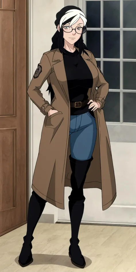 masterpiece, high quality, best quality, 1girl, (muscular female:1.0), (super gigantic breasts:1.0), (closed mouth, half smile), tilda, black hair, long hair, white hair, multicolored hair, blue eyes, glasses, (black compression shirt:1.5), blue pants, black thigh-high boots, (brown overcoat:1.5), black belt with gold buckle, anime screencap, anime key visual, (fully clothed:1.0), full body <lora:Tilda:1>