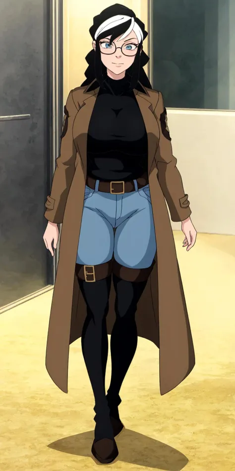 masterpiece, high quality, best quality, 1girl, (muscular female:1.0), (super gigantic breasts:1.0), (closed mouth, half smile), tilda, black hair, long hair, white hair, multicolored hair, blue eyes, glasses, (black compression shirt:1.5), blue pants, black thigh-high boots, (brown overcoat:1.5), black belt with gold buckle, anime screencap, anime key visual, (fully clothed:1.0), full body <lora:Tilda:1>