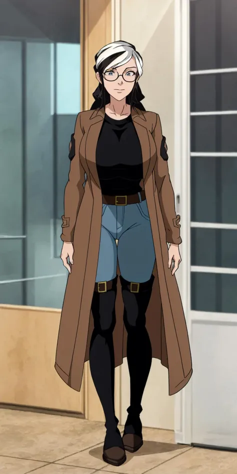 masterpiece, high quality, best quality, 1girl, (muscular female:1.0), (super gigantic breasts:1.0), (closed mouth, half smile), tilda, black hair, long hair, white hair, multicolored hair, blue eyes, glasses, (black compression shirt:1.5), blue pants, black thigh-high boots, (brown overcoat:1.5), black belt with gold buckle, anime screencap, anime key visual, (fully clothed:1.0), full body <lora:Tilda:1>