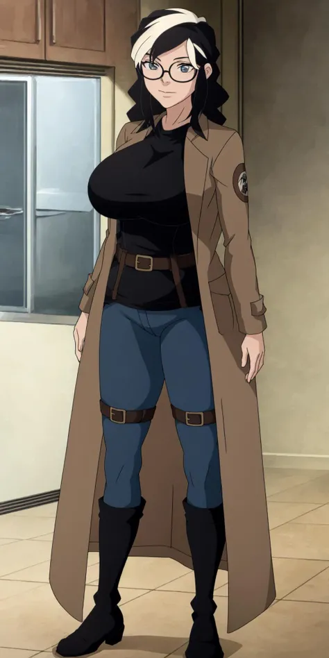 masterpiece, high quality, best quality, 1girl, (muscular female:1.0), (super gigantic breasts:1.0), (closed mouth, half smile), tilda, black hair, long hair, white hair, multicolored hair, blue eyes, glasses, (black compression shirt:1.5), blue pants, black thigh-high boots, (brown overcoat:1.5), black belt with gold buckle, anime screencap, anime key visual, (fully clothed:1.0), full body <lora:Tilda:1>