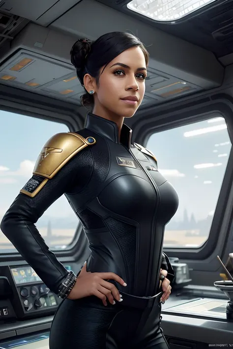 photo of (dt1pper:0.99), a woman (looking at the camera:1.2), as a spaceship officer, modelshoot style, (extremely detailed CG unity 8k wallpaper), large breasts, photo of the most beautiful artwork in the world, professional majestic oil painting by Ed Blinkey, Atey Ghailan, Studio Ghibli, by Jeremy Mann, Greg Manchess, Antonio Moro, trending on ArtStation, trending on CGSociety, Intricate, High Detail, Sharp focus, dramatic, photorealistic painting art by midjourney and greg rutkowski, (sexy space cadet uniform:1.1), (trousers), ((spaceship interior)), (looking at viewer), (detailed pupils:1.3), (closeup), (grin512), (hair updo)