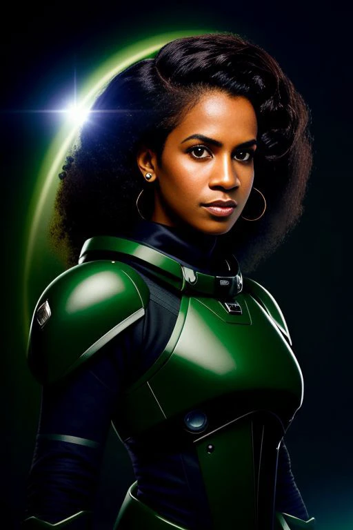 Picture, best quality, portrait photo of beautiful lady JernauDTipper, dark skin, a woman wearing space suit, (dark green space suit, dark combat armor), modelshoot style, narrow ship corridors, hangar, dim lighting, dust, floating particles, bloom, (optical flare:1.1), looking at viewer, perfect face, perfect eyes, sharp focus, to8contrast style, <lora:ContrastFix_sd15:0.57>, beltalowda