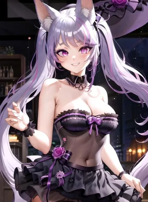 best quality, (masterpiece),(ultra-detailed), (high quality), (high resolution),   <lora:NymphaaeaVT-10:0.7>,1girl, animal ear fluff, animal ears, bare shoulders, black dress, bow, breasts, cat ears, flower, fox ears, fox tail, garter straps, grin, hairband, heart, heterochromia, large breasts, long hair, looking at viewer, multicolored hair, navel, nymphaaea, purple eyes, purple flower, purple hair, purple nails, ribbon, smile, strapless, strapless dress, streaked hair, tail, twintails, underwear only, upper body, virtual youtuber, white background, witch hat