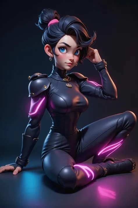 A blender rendering artwork
a vibrant cartoon depiction of a woman in a black jumpsuit
adorned with bright neon lights. The womans head is adorned with black bangs
and her eyes are a piercing blue. She is seated on a white surface
her right hand resting on her hip. The background is a stark black
with two neon lights on either side of her
adding a pop of color to the scene.