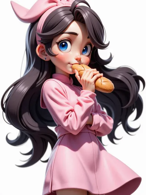 A girl with long hair, looking at the camera, holding a bread in her hand and about to put it to her mouth, wearing a pink dress