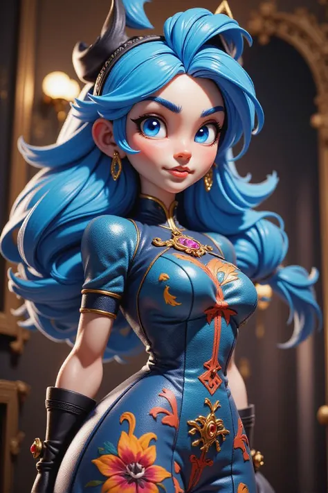 A blender rendering artwork a close-up shot of a female doll with long wavy blue hair is depicted. She is dressed in a blue corset adorned with a gold necklace and earrings. Her dress is adorned with colorful designs including red orange yellow and blue. Her arms are adorned with black leather gloves adding a touch of warmth to her outfit. The background is blurred suggesting a grand interior.