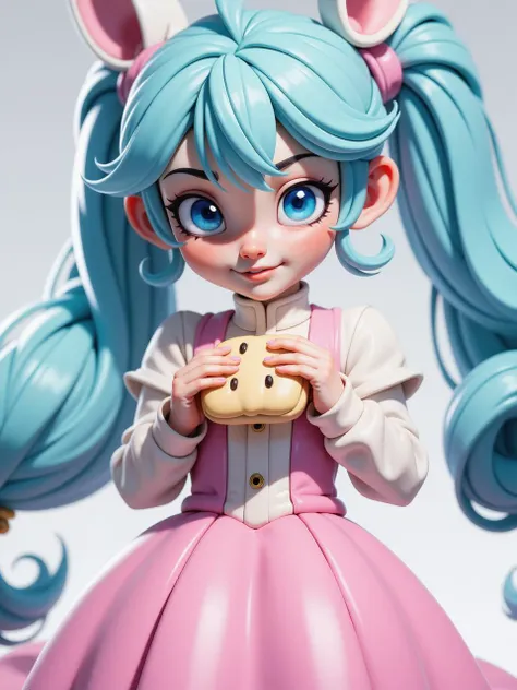 A girl with long hair cos became Hatsune Miku. Looking at the camera, she was about to put a bread to her mouth, wearing a pink dress