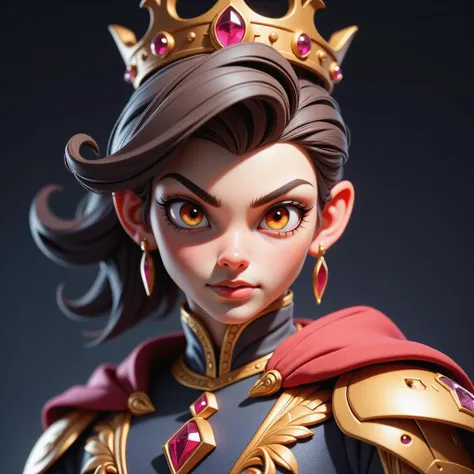 A girl from an anime wearing an emperor's clothes and a golden crown has a very serious expression