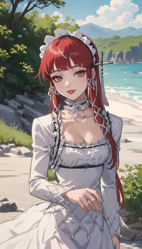 ((masterpiece)), (best quality), (ultra-detailed), best artist, realistic, 4k wallpaper, detailed face, (seductive smiling), 1girl, (yoshino chidori), (red hair), ((blunt bangs)), (hair ribbon, hairband, frills, dress:1.4), ribbon, choker, (red lipstick, parted lips, seductive smiling), (eye liner, makeup), large breasts, thick thighs, (mature adult:1.5), skindentation, standing, cowboy shot, looking at viewer, outdoors, (shiny skin), ((correct composition)) <lora:persona3_yoshino-10:0.9>