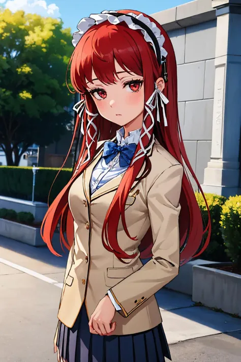 (masterpiece, best quality:1.2), solo, 1girl, yoshino chidori, expressionless, looking at viewer, hair ribbon, hairband, school uniform, blazer, bowtie, pleated skirt, outdoors <lora:persona3_yoshino-10:0.8>