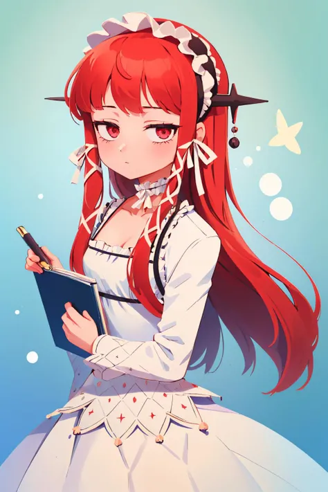 (masterpiece, best quality:1.2), solo, 1girl, yoshino chidori, expressionless, looking at viewer, holding notebook, hair ribbon, hairband, frills, dress, ribbon, choker <lora:persona3_yoshino-10:1>