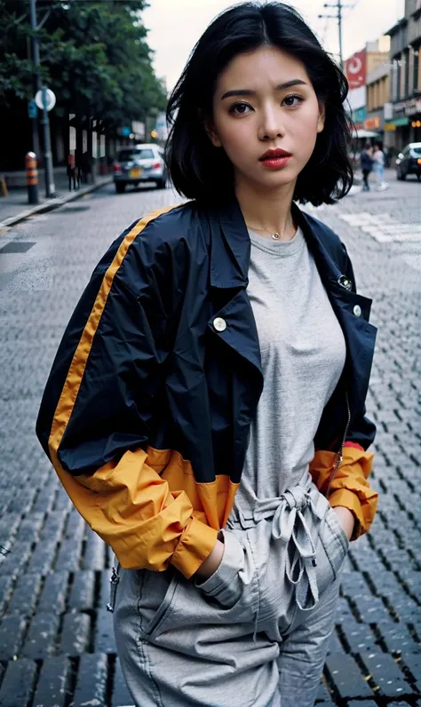 (RAW photo, best quality), (realistic, photo-realistic:1.30),girly,solo,1girl,detailed eyes,hair decoration,trendy expression,jacket,top,pants,(style:1.5),outdoors,mall,clothes,detailed background,(blue and orange tone impression:1.3), soft lighting,gorgeous light and shadow ,stunning environment, hyperdetailed, (aestheticism), ethereal, golden hour,   <lora:luohuijuan:0.8>