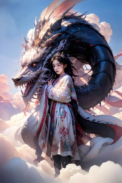 photorealistic,realistic,photography,masterpiece,best quality,ultra-detailed,extremely detailed CG unity 8k wallpaper,1girl,cloud,black theme,black dragon,<lora:é¾ä¸å°å¥³:0.7>,