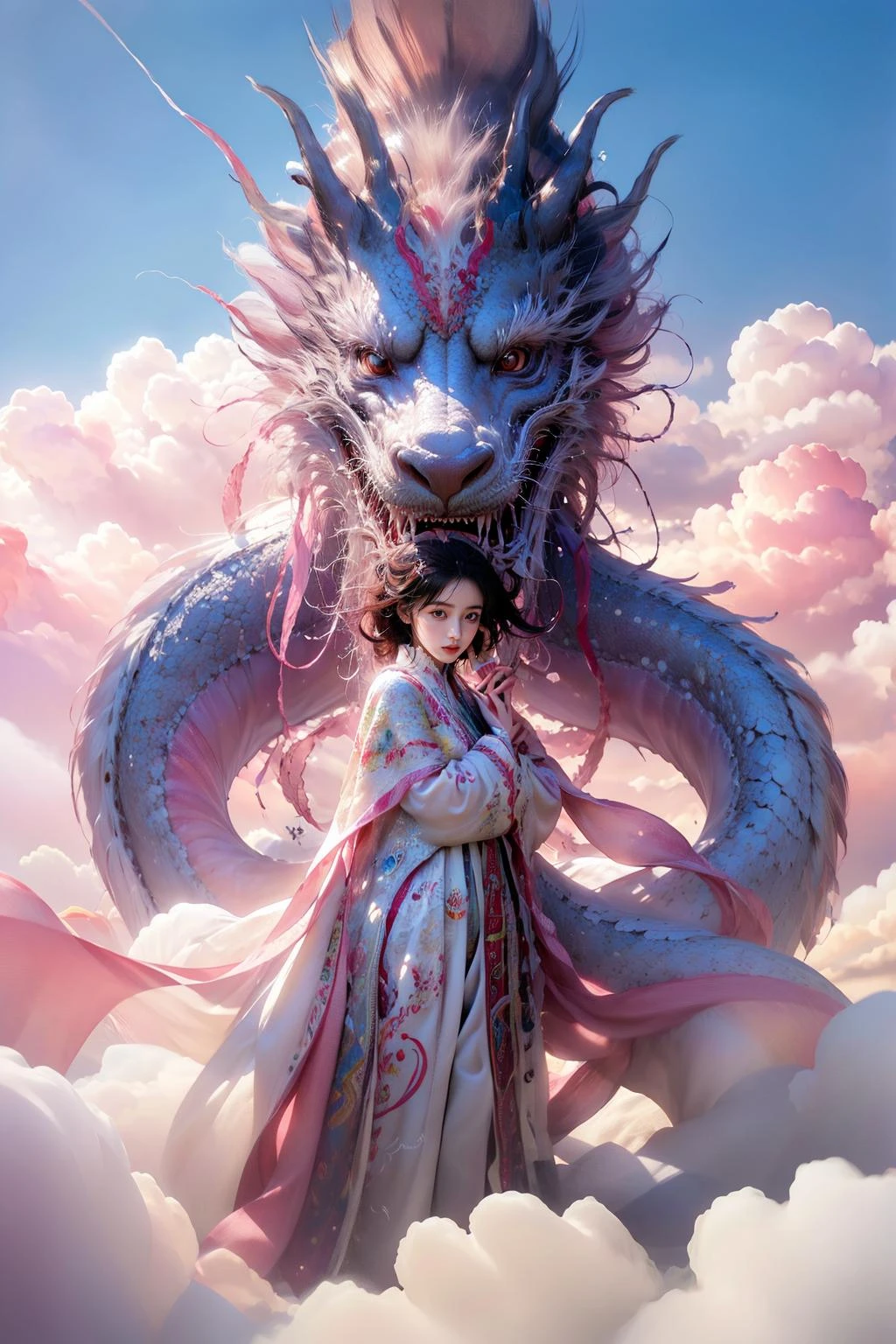 photorealistic,realistic,photography,masterpiece,best quality,ultra-detailed,extremely detailed CG unity 8k wallpaper,1girl,cloud,pink theme,pink white dragon,<lora:é¾ä¸å°å¥³:0.7>,
