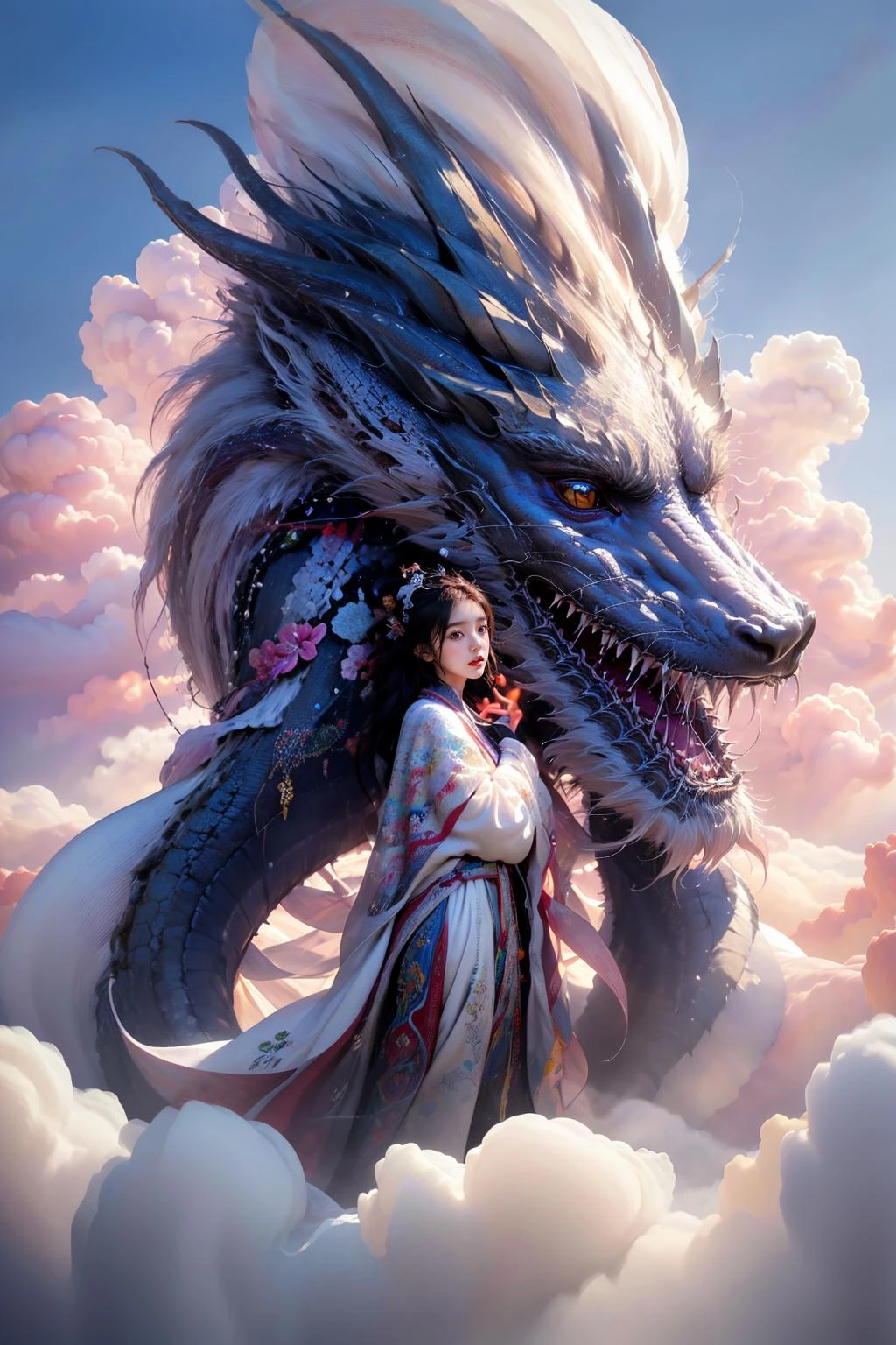 photorealistic,realistic,photography,masterpiece,best quality,ultra-detailed,extremely detailed CG unity 8k wallpaper,1girl,cloud,black theme,black dragon,<lora:é¾ä¸å°å¥³:0.7>,