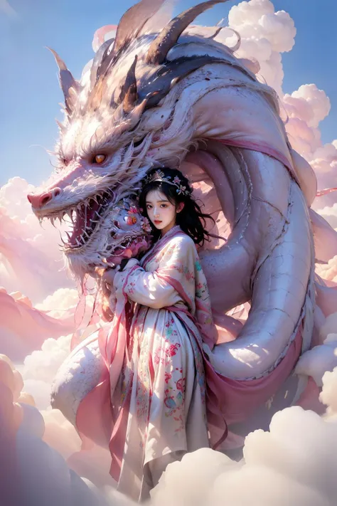 photorealistic,realistic,photography,masterpiece,best quality,ultra-detailed,extremely detailed CG unity 8k wallpaper,1girl,cloud,pink theme,pink white dragon,<lora:é¾ä¸å°å¥³:0.7>,