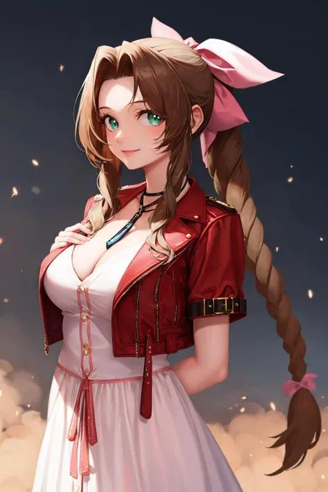 masterpiece, best quality, aerith gainsborough, choker, cropped jacket, hair bow, bracelet, pink dress, looking at viewer, smile, upper body, large breasts  <lora:yabby-artist-richy-v6:1> <lora:aerith-nvwls-v1-final:1>