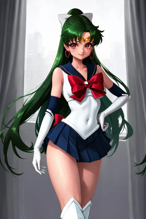 masterpiece, best quality, 1girl, solo, standing, hip focus, wide hips, smile, looking at viewer, long legs, <lora:CHAR-SailorPluto:0.9> SMPluto, long hair, single hair bun, sailor senshi uniform, knee boots, bow, white gloves, elbow gloves, pleated skirt, <lora:yabby-artist-richy-v6:1> (pink eyes:0.6), cowboy shot,