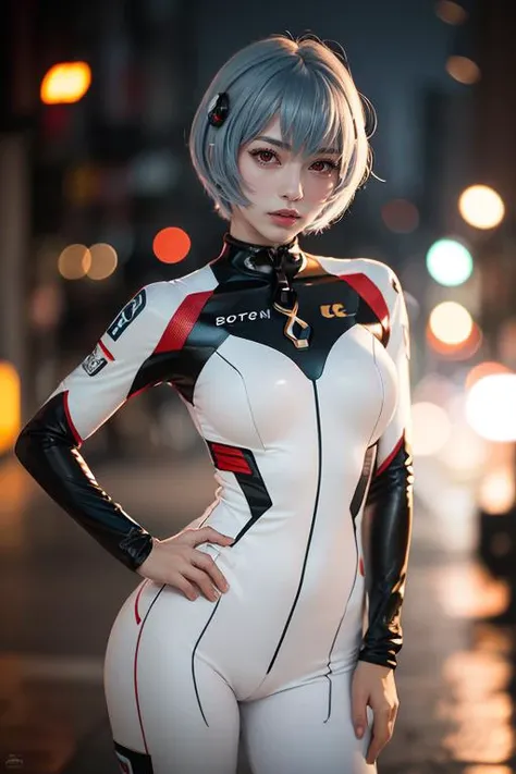 1girl, solo, photography, portrait of reiayanami girl wear white suit in sci-fi hanggar, bokeh, realistic, absurdes, detailed, <lora:ARWReiAyanami:1>