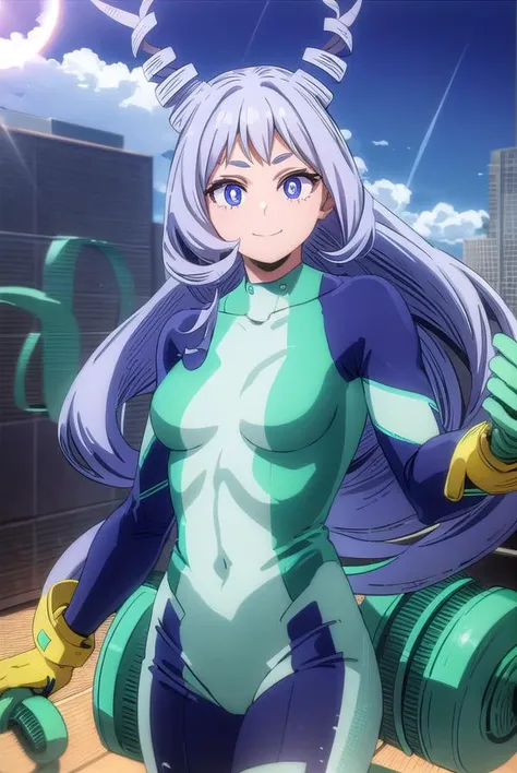 nejirehadou, <lora:nejire hadou s6-lora-nochekaiser:1>,
nejire hadou, long hair, blue eyes, very long hair, blue hair, drill hair, twin drills, hair horns, (bright pupils:1.5), smile,
BREAK gloves, bodysuit, superhero,
BREAK outdoors, city, sky, sun, clouds,
BREAK looking at viewer, (cowboy shot:1.5),
BREAK <lyco:GoodHands-beta2:1>, (masterpiece:1.2), best quality, high resolution, unity 8k wallpaper, (illustration:0.8), (beautiful detailed eyes:1.6), extremely detailed face, perfect lighting, extremely detailed CG, (perfect hands, perfect anatomy),