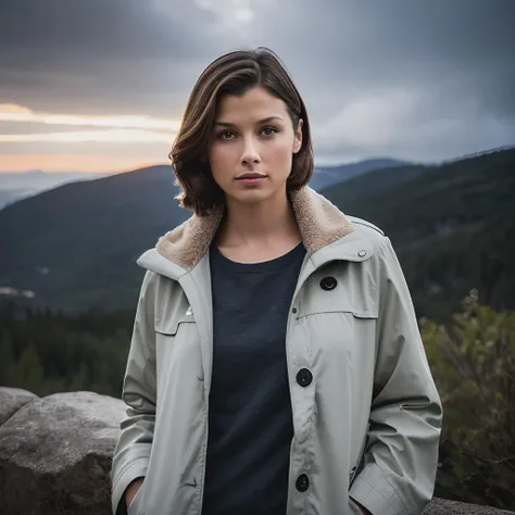 bridgetmoynahan, an attractive woman, on a (mountain-top), wearing a (coat), (heavy-rainstorm:1.1), 24mm, 4k textures, soft cinematic light, adobe lightroom, photolab, hdr clouds, intricate, elegant, highly detailed, sharp focus, ((((cinematic look)))), soothing tones, insane details, intricate details, hyperdetailed, low contrast, soft cinematic light, exposure blend, hdr,