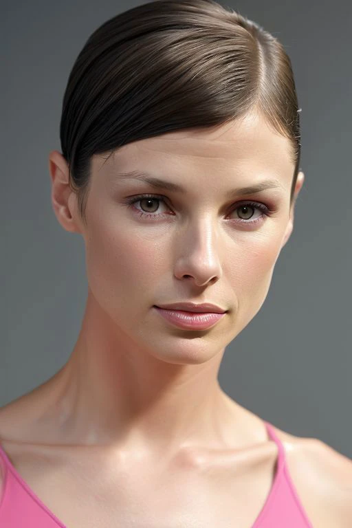 (CR-BridgetMoynahan-summer4love263:0.9), closeup photo of young woman in gradient grey background, (oiled shiny skin:1.0), undercut hair,(tilted angle shot:1.1),
8k uhd, high quality,