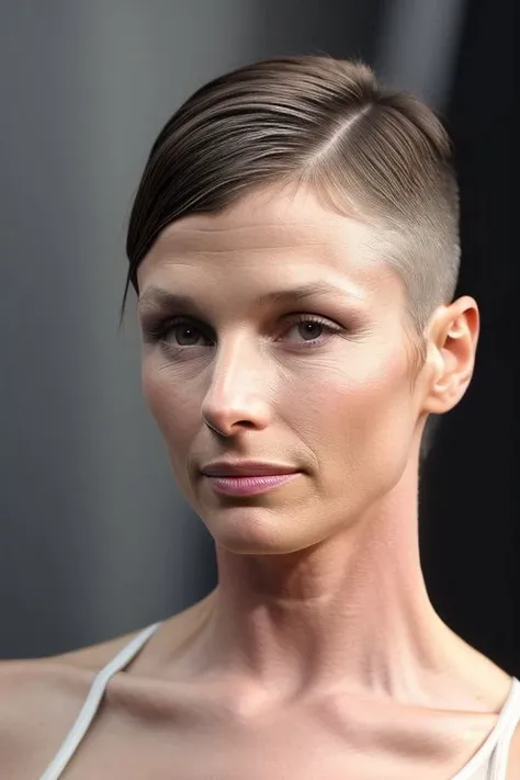 (CR-BridgetMoynahan-summer4love263:0.9), photo of young woman in gradient grey background, (oiled shiny skin:1.0), undercut hair,(tilted angle shot:1.1),
8k uhd, high quality,