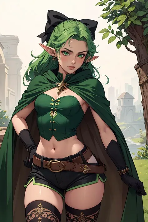 (masterpiece, best quality), intricate details, 1girl, elf, pointy ears, green hair, long hair, sidelocks, hair bow, green eyes, small breasts, cloak, black gloves, brown shorts, green thighhighs, short shorts, belt,fantastical scenes