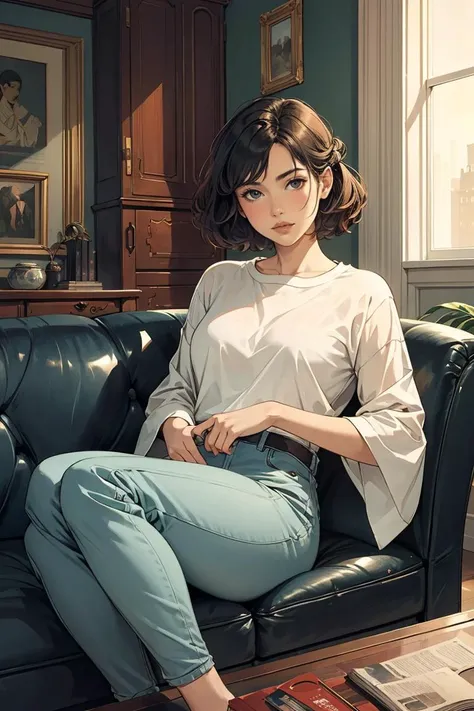 1 beautiful young woman Larry Rivers livingroom couch gradient (masterpiece, best quality),
