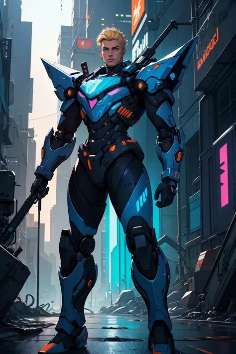 orange and blue holographic colors,cartoon rendering,cinematic shot,best quality, masterpiece, realistic,1boy, beautiful ,black armour,mecha,cyberpunk,blonde hair,