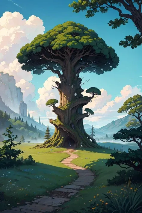 ((masterpiece:1.2, concept art, highest detail, best quality)),welcoming,Red Riding Hood in front of magnificent gnarled ancient meandering tree with intertweened meandering roots,filigree branches,mighty oak,gnurly burl,wood grain,wrinkled pine bark,rust,shadow play,mystic forest background, light breeze, immaculate green foliage,dendrarium,not so arid,magic mushroom harvest,plush grass,moss,bliss,blue skies with billowing cumulus clouds,(intricate details),perfect tetradic colors,amazing epic illustration,realistic,cuteism overload, digital ink sketch painting by Wonkeyman