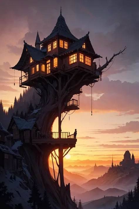 valley, fairytale treehouse village covered, , matte painting, highly detailed, dynamic lighting, cinematic, realism, realistic, photo real, sunset, detailed, high contrast, denoised, centered, michael whelan