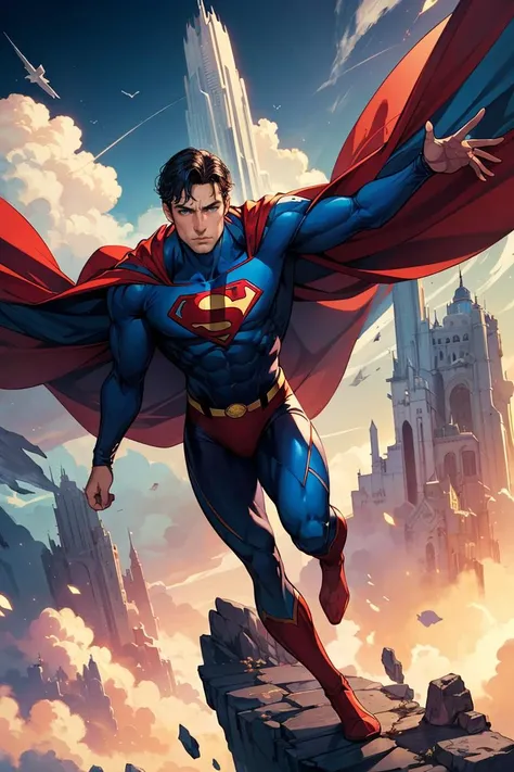 masterpiece, best quality, high quality, extremely detailed cg unity 8k wallpaper, an extremely colorful and purely fantasy environment, old superman flying in the skies