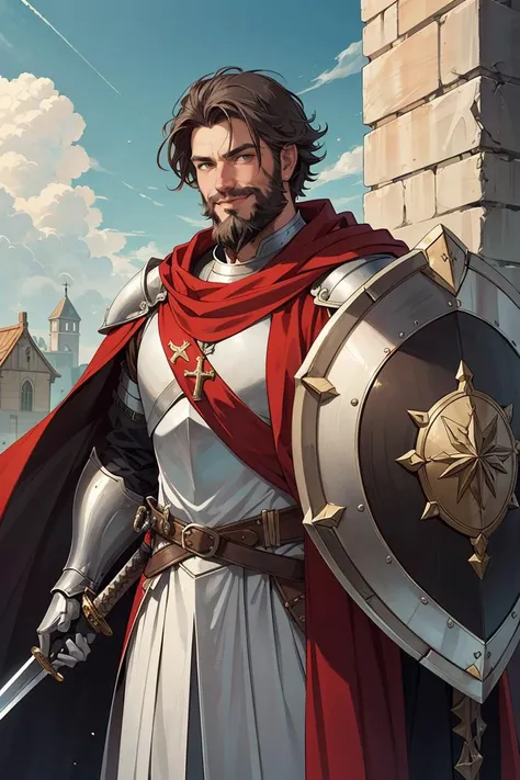 (best quality:1.0),original,medieval fantasy,Cowboy Shot,portrait,midday,(male:1.1) knight,sword and shield,heavy armor,(holy),(divine),(old),smile,red cape,short grey hair,muscular,beard