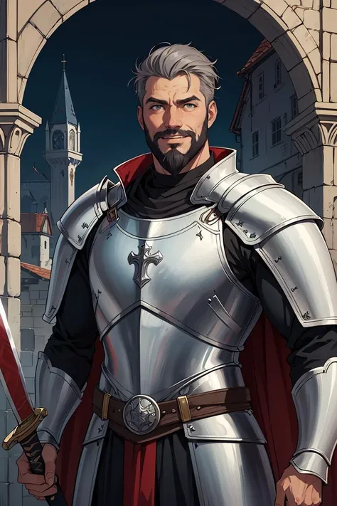 Cowboy Shot,(best quality),original,portrait,midday,(male:1.1) knight,sword and shield, armor,(old),smile,bule cape,short grey hair,beard,(holy),medieval fantasy,muscular,scenery