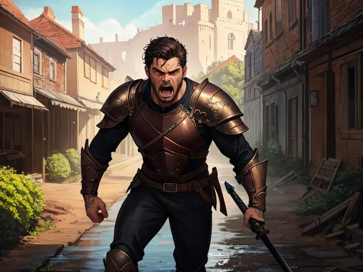 (masterpiece, best quality), a full body dynamic pose, cinematic shot, combat, photo of a (shouting masculine man, (short dark hair), angry facial expression stubble:1.2) futuristic red/black armor muddy leather boots, (tightly gripping swinging longsword:1.1), 
BREAK
muddy path through a ruined medieval town , distant castle in the background, (extremely detailed CG unity 8k wallpaper), photo of the most beautiful artwork in the world, professional photorealistic picture, trending on ArtStation, trending on CGSociety, Intricate, High Detail, Sharp focus, dramatic, photorealistic painting art by midjourney looking at viewer, detailed eyes, (perfect eyes)   ((detailed realistic skin, life-like detailed realistic face)),   fantasy,