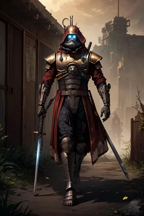 Unreal Engine,masterpiece, best quality, high quality,1boy,glowing eyes,upper body focus, photo of skitarii warrior, hood down, wearing skitarii armor,  full face helmet, pelvic curtain, extra mechanical appendages, walking, pointing, cyborg,  mechanical arms detail, full armor, bronze trimmings, armor detail, gold trimmings, red robe,  holding sword, standing by desert storm, sandstorm, dune, <lora:more_details:0.3>, <lora:Skitarii Guard MK1 by CARAXES:0.7>, <lora:LAS:0.4>