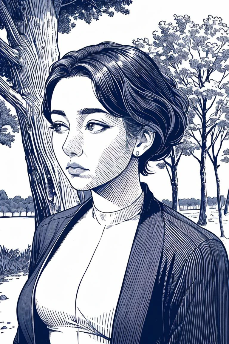 masterpiece,((upper body)),ballpoint pen drawing,a drawing of 1girl,looking away,upper body,closed mounth,short hair,outdoor,trees, <lora:ballpointpen:0.8>