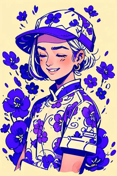 chinese ink painting style,1girl, heart, white hair, background, short hair, earrings, closed eyes, jewelry, hat, smile, Purple Shirt, Shirt, solo, upper body, Purple headwear, Flower, Purple theme, short sleeves, print shirt, <lora:doodle:1>