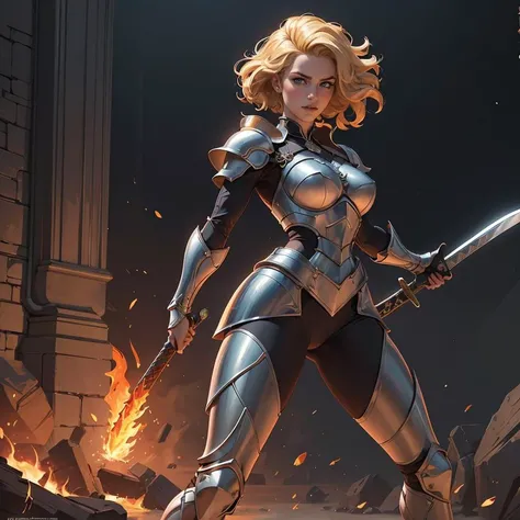 Lithe blonde knight woman, defined muscles, short wavy hair