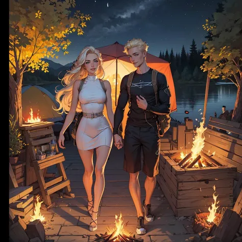 (unparalleled masterpiece:1.2, best quality),
ultra detailed, high quality, intrincate details, immeasurable beauty, cartoon rendering,cinematic shot, realistic,
high detailed skin, ((full body)), (1girl, 1boy:1.2), (young couple) in love camping in front of a lake, platinum blonde hair, perfect hands, seductive_smile, backpacking, bonfire, ((night))<lyco:GoodHands-beta2:1.0>